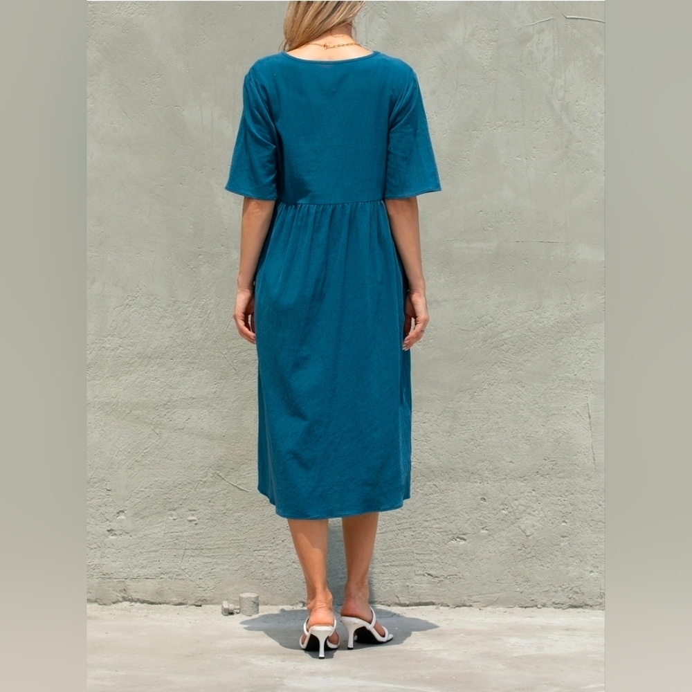 Womens Summer Casual Boho Short Sleeve Crew Neck Empire Waist Midi Dress, Medium - Picture 3 of 10